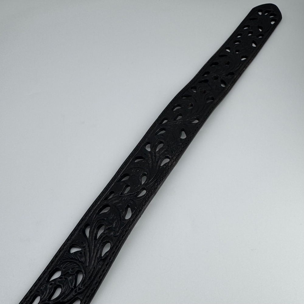 Tony Lama Size 34 Ornate Silver Scroll Buckle Black Cutout Western Belt - Picture 5 of 10